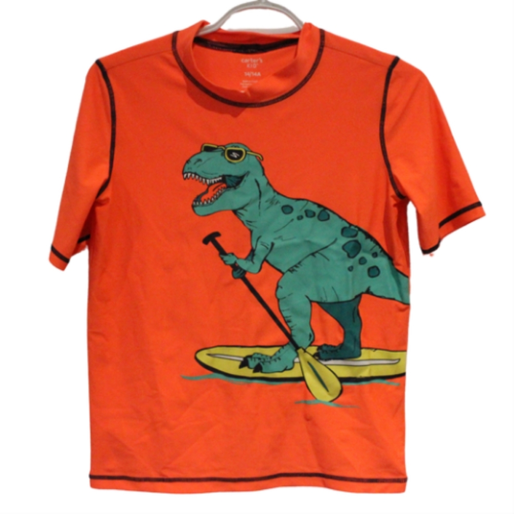 3/$25 🏷 Carters Neon Orange Dino Swim Shirt Size 14